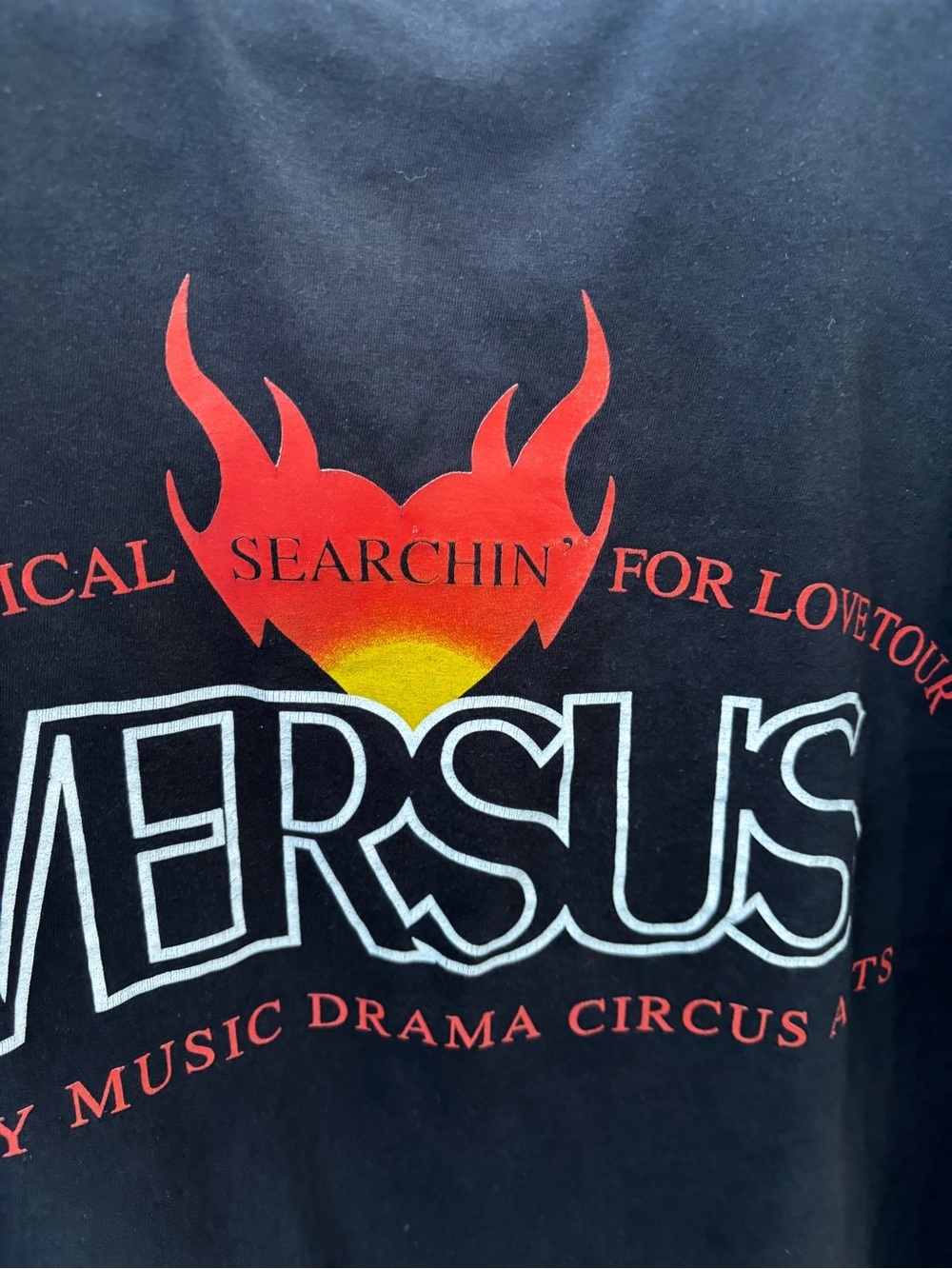 Vintage Versace Black Tee with Red and Yellow Flame Logo Searching for Love - Picture 2 of 15
